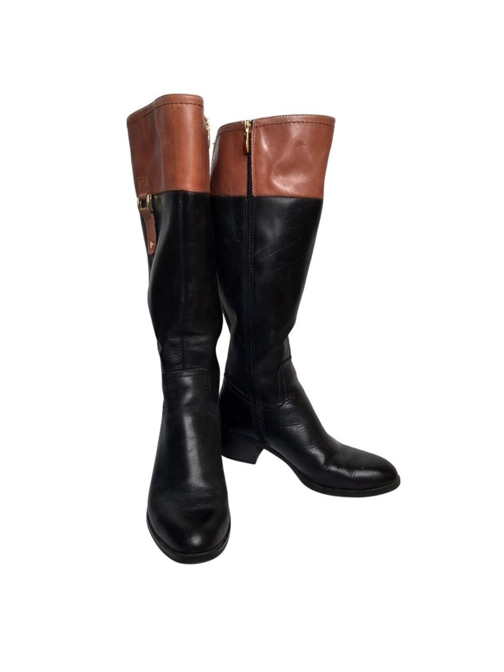 Franco Sarto Black & Brown Leather Wide-Calf Riding Boots Size 8